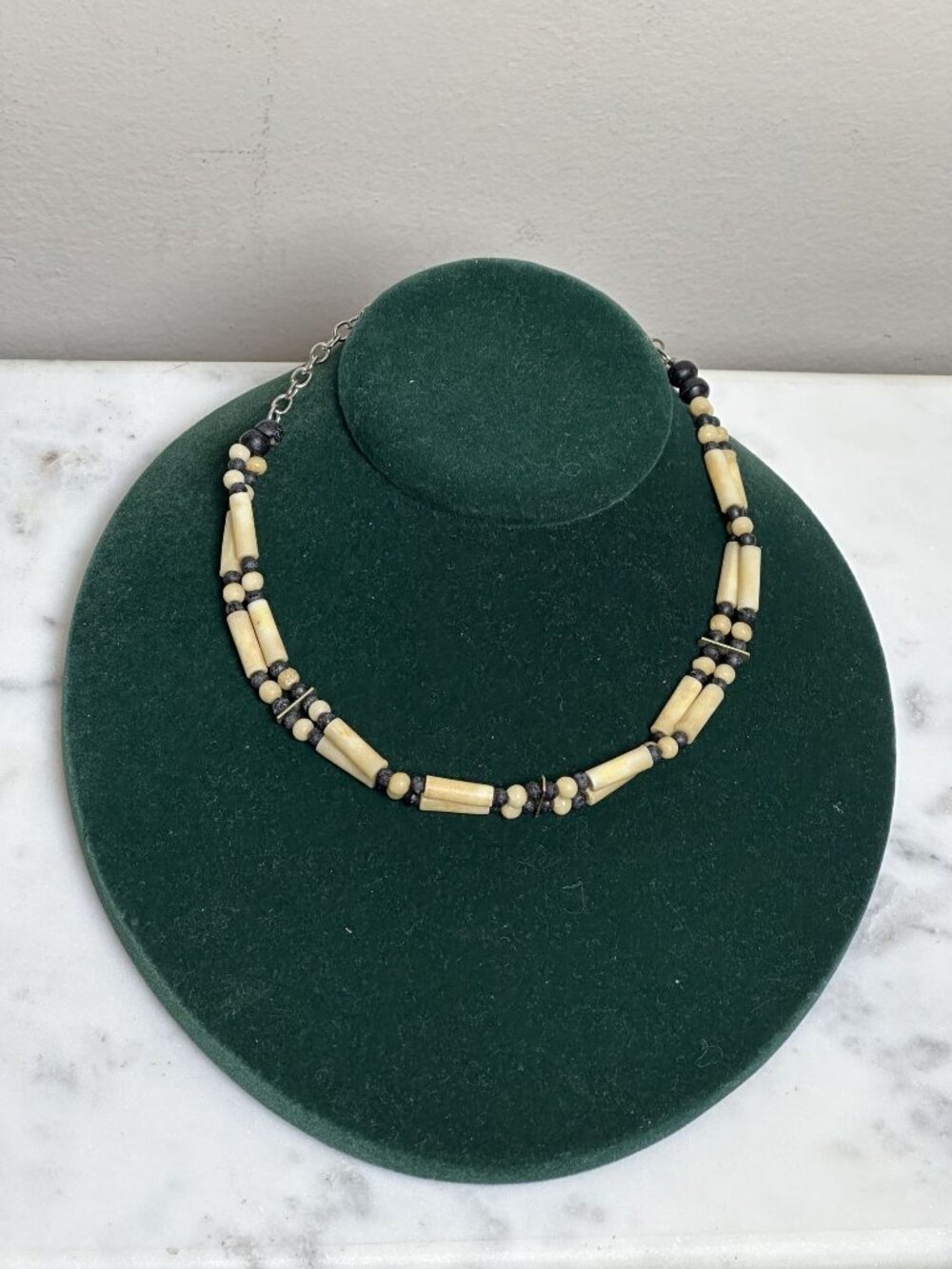 Vintage Bead Choker Boho Tribal Beige Black Adjustable Necklace 14"